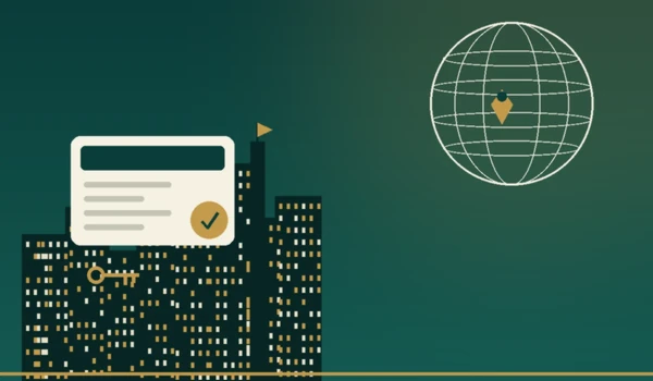 Flat-style illustration showing an approved passport document with a gold seal, a property ownership key, a city skyline, and a globe with India pinned, representing FEMA and RBI rules for NRIs buying property in Chennai