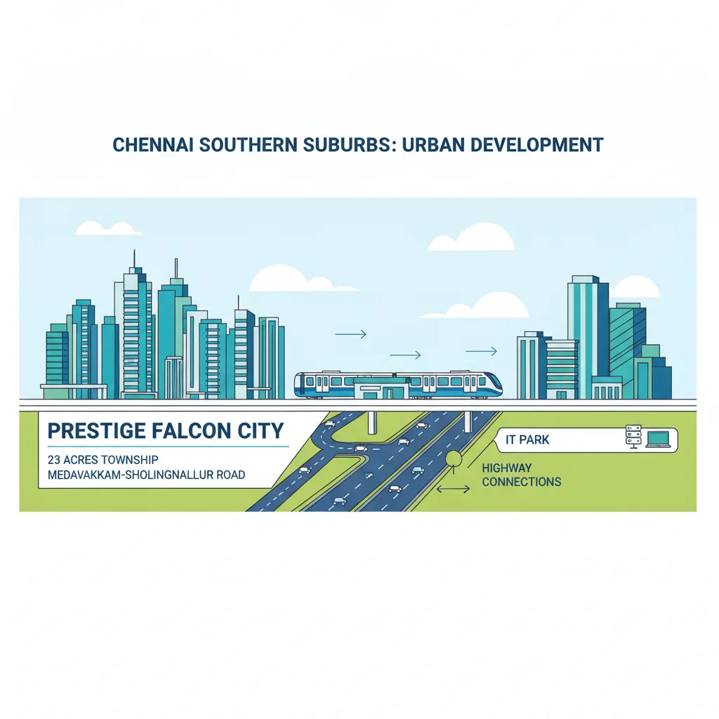 Modern cityscape infographic of Chennai southern suburbs with residential towers, metro train, highway connections, IT park buildings showing Prestige Falcon City concept