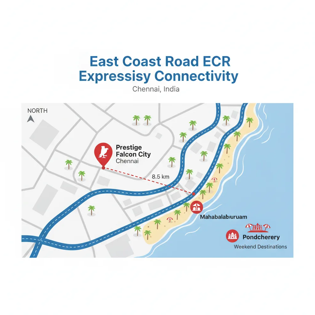 East Coast Road ECR expressway proximity map showing Prestige Falcon City Chennai with coastal highway routes to beaches and weekend destinations
