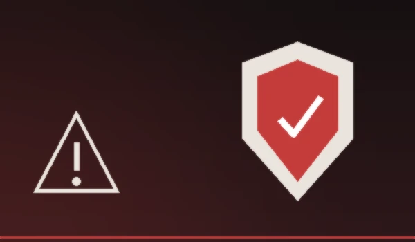 Illustrated red shield with a checkmark next to a warning triangle, symbolizing protection from real estate scams