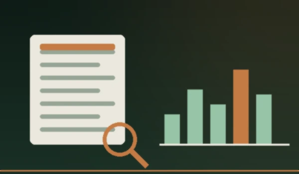 Illustrated financial ledger sheet with a magnifying glass beside a rising bar chart, representing a builder's audited financial results