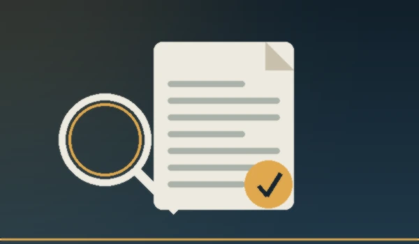 Illustrated legal document with an approval seal and a large magnifying glass, representing property ownership verification