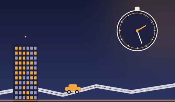 Illustrated commute scene with a stopwatch showing travel time, a car on a winding road, and an IT park office tower representing Medavakkam commute times to nearby tech hubs