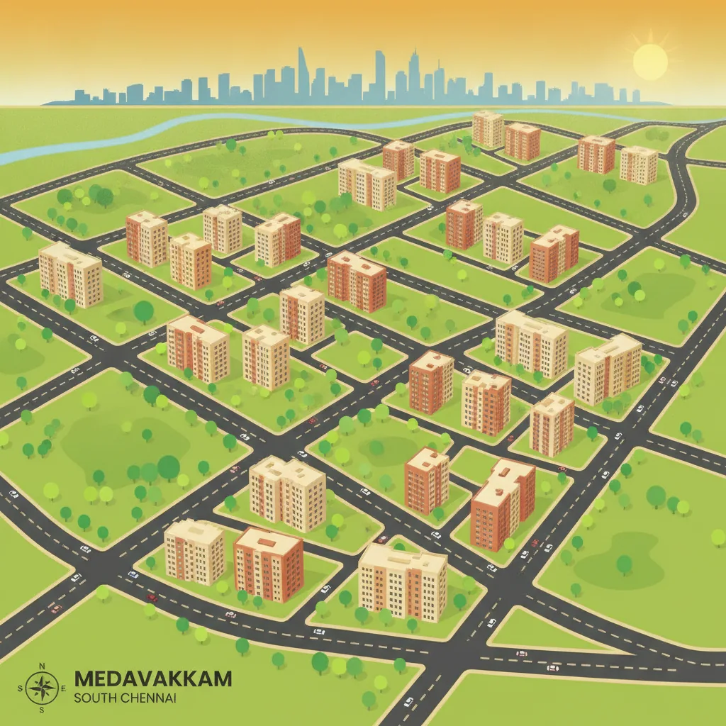 Medavakkam – Aerial view of modern residential neighborhood in South Chennai with wide roads, apartment buildings, and green parks