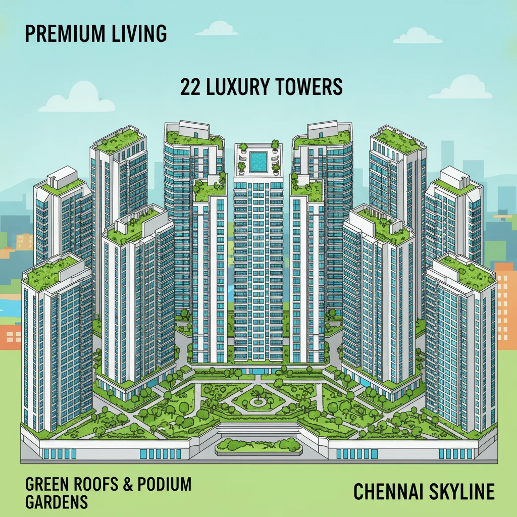 Modern luxury residential apartment towers at Prestige Falcon City Chennai with landscaped gardens and rooftop amenities