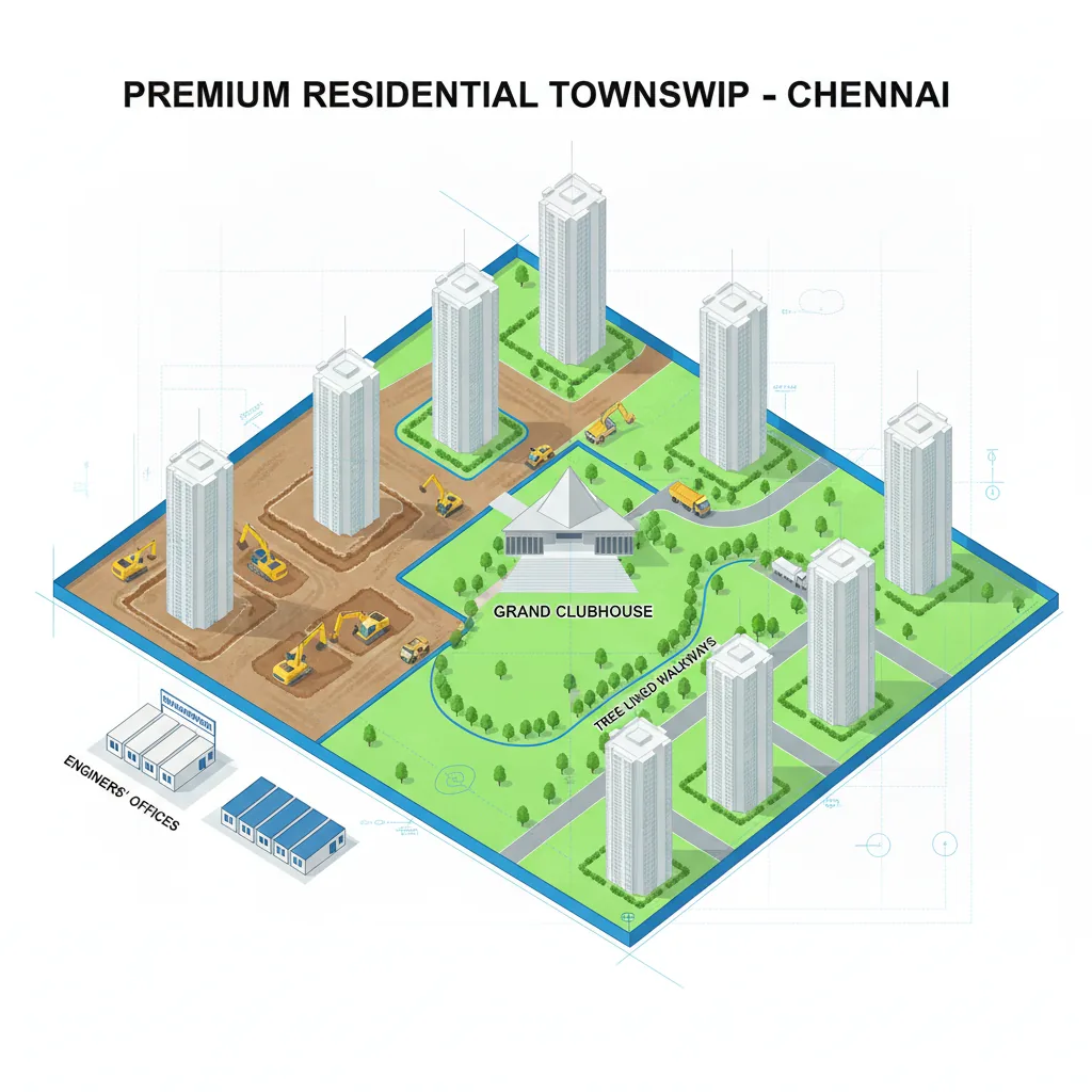 Prestige Falcon City Chennai Construction Status - Aerial view of construction site with heavy machinery and tower silhouettes