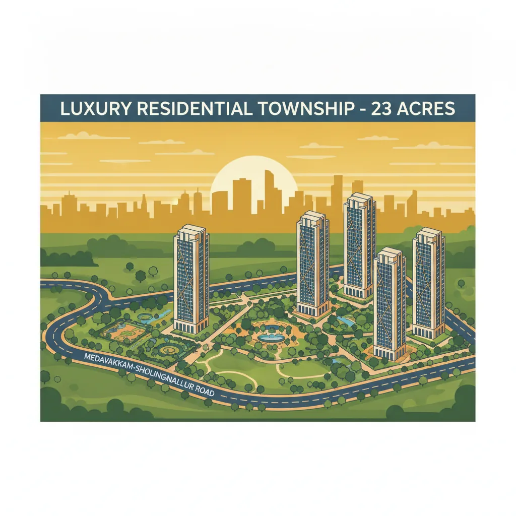 Prestige Falcon City Chennai luxury residential township aerial view with 23 acres of green landscape and high-rise towers
