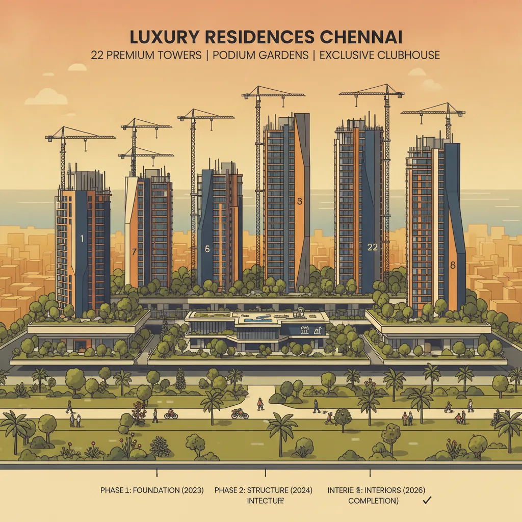 Prestige Falcon City Chennai latest news - luxury residential high-rise towers under construction with podium gardens and clubhouse amenities