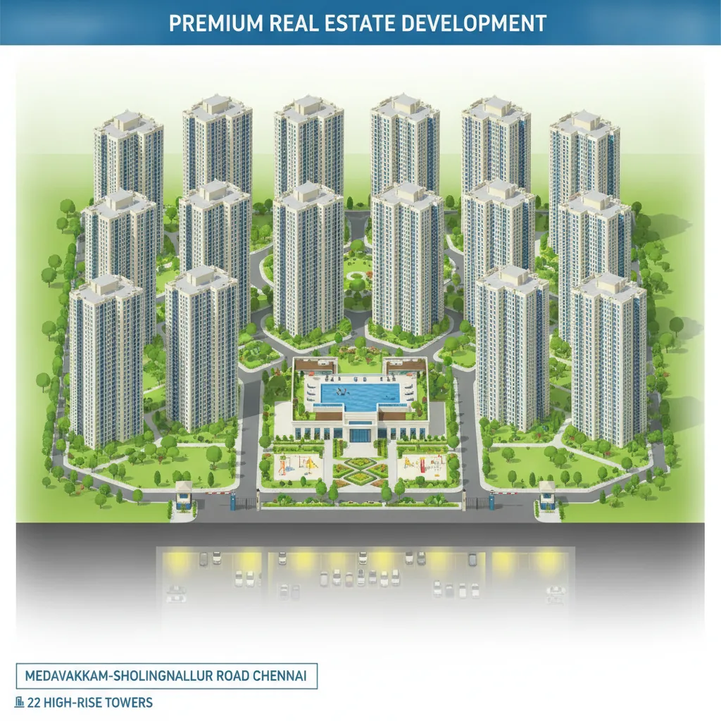 Modern residential apartment township with 22 high-rise towers, lush green gardens covering 80% open space, luxury clubhouse with rooftop pool, located on Medavakkam-Sholinganallur Road Chennai