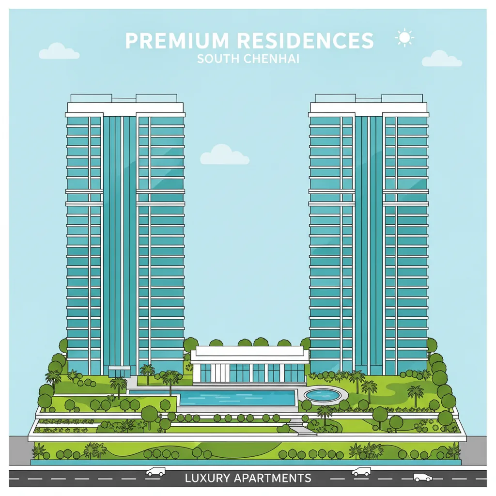 Modern luxury residential high-rise apartment complex with lush green landscaping at Prestige Falcon City Chennai