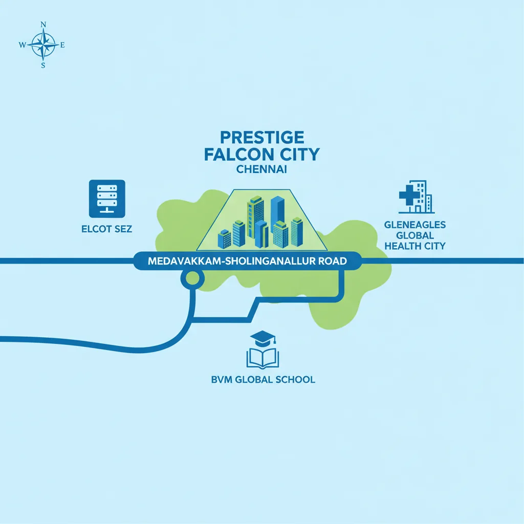 Infographic location map showing Prestige Falcon City Chennai on Medavakkam-Sholinganallur Road with nearby landmarks including ELCOT SEZ, Gleneagles Global Health City, and BVM Global School