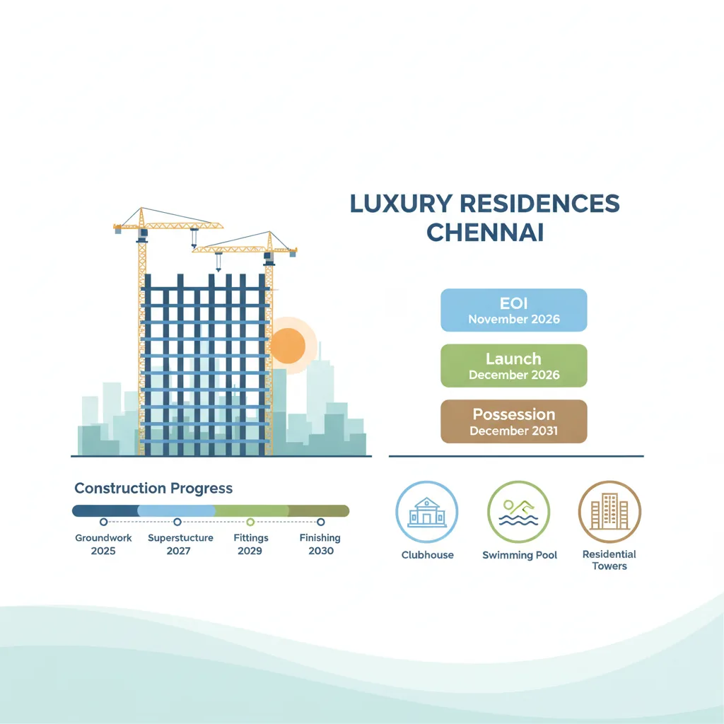 Infographic showing Prestige Falcon City Chennai construction timeline with key dates: EOI November 2026, Launch December 2026, Possession December 2031