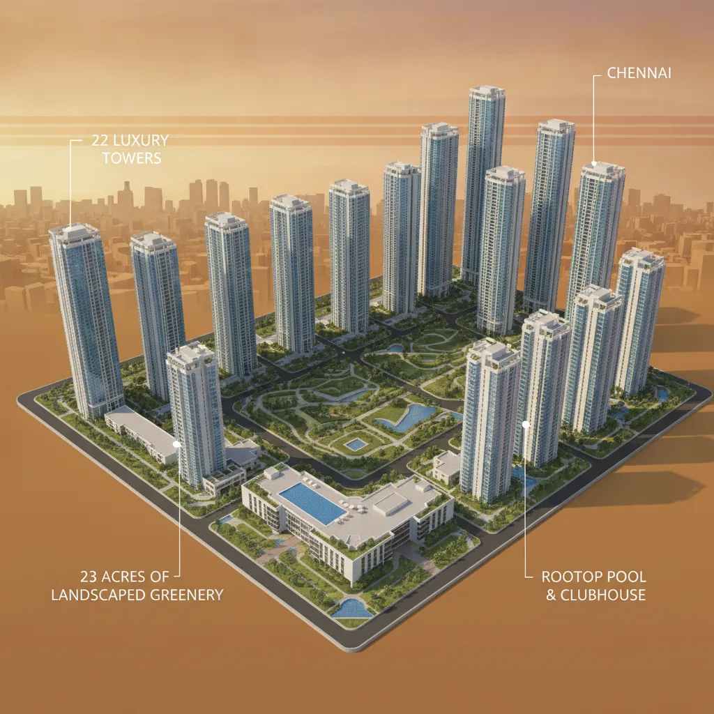 Prestige Falcon City Chennai Pre-Launch - Modern luxury residential apartment complex with 22 high-rise towers on 23 acres of landscaped greenery with clubhouse rooftop pool
