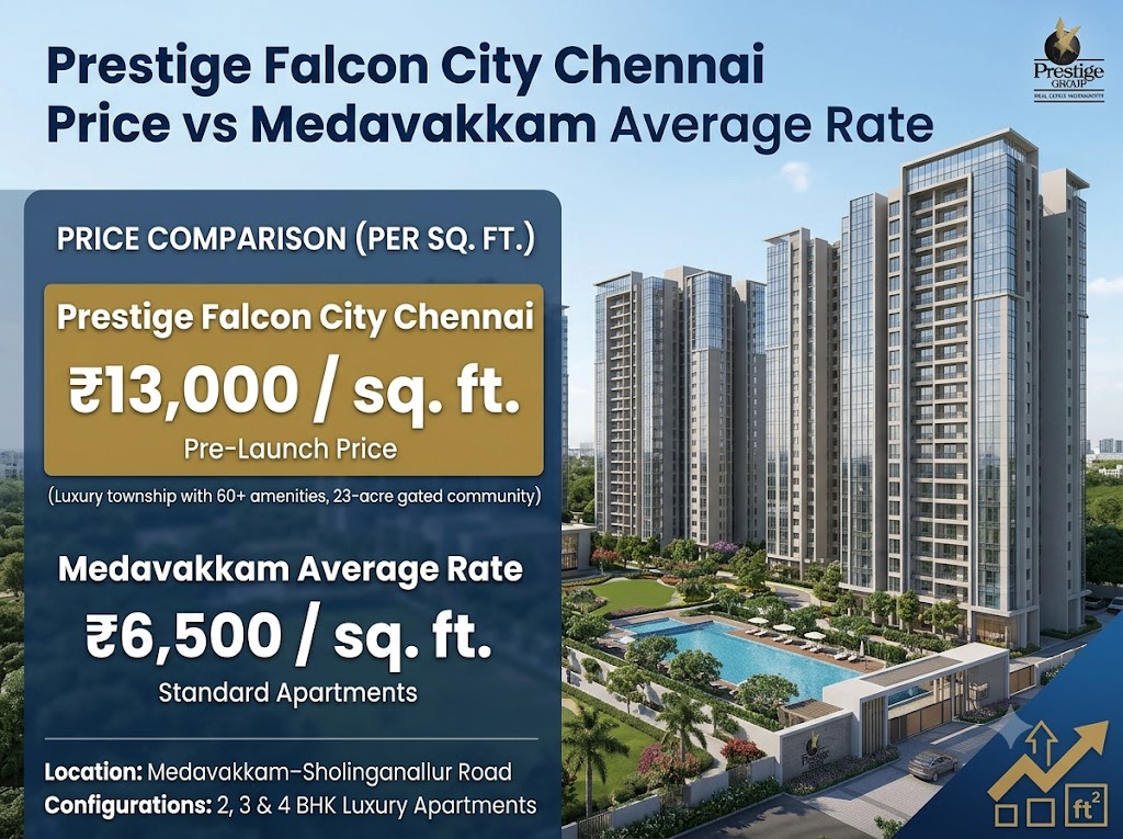 Prestige Falcon City Chennai Price per Sq Ft vs Medavakkam Average Rate