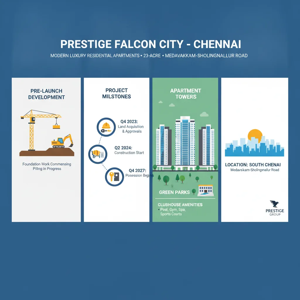 Modern luxury residential apartment construction site at Prestige Falcon City Chennai development with cranes and heavy machinery on 23-acre plot