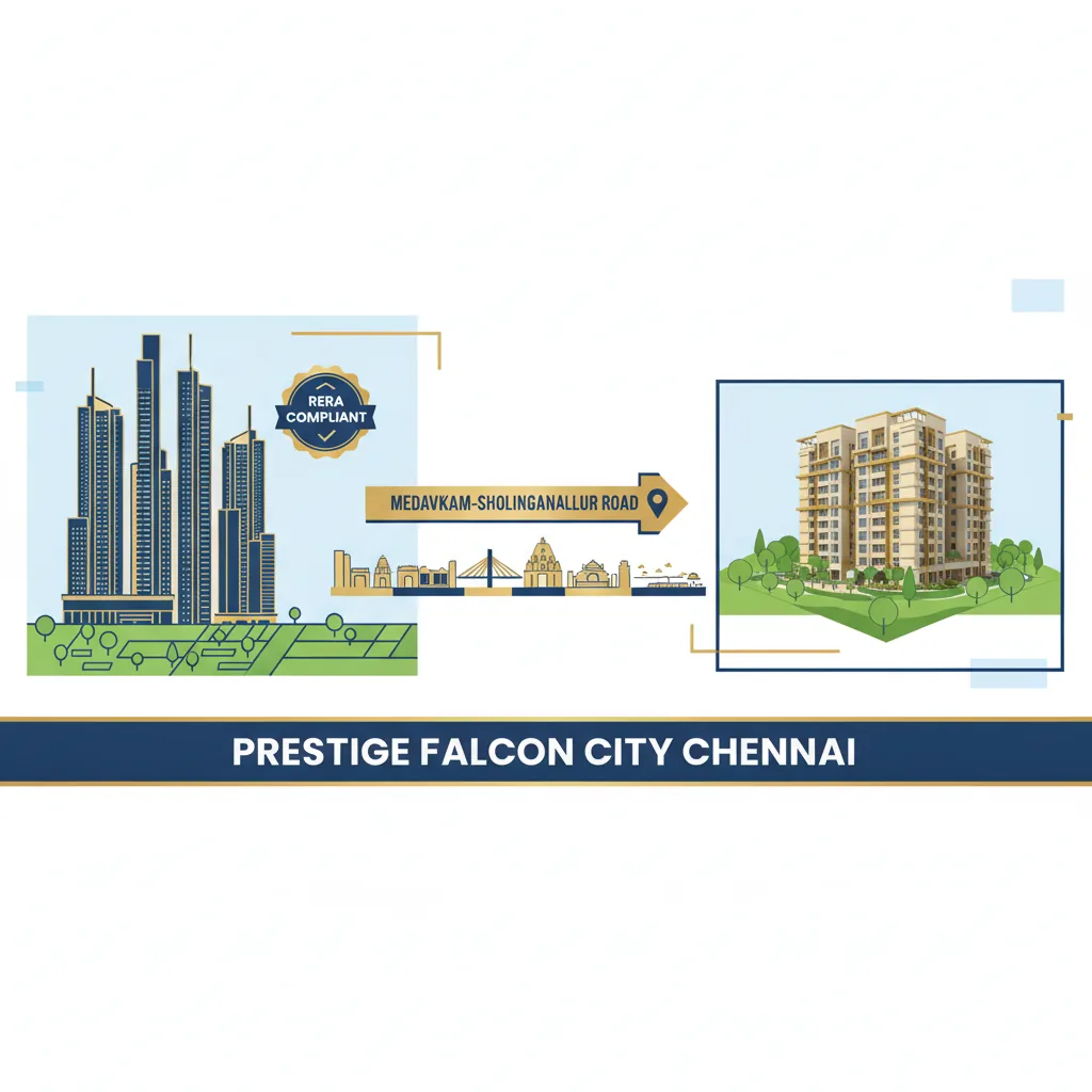 Prestige Falcon City Chennai RERA infographic with high-rise residential towers and Chennai skyline