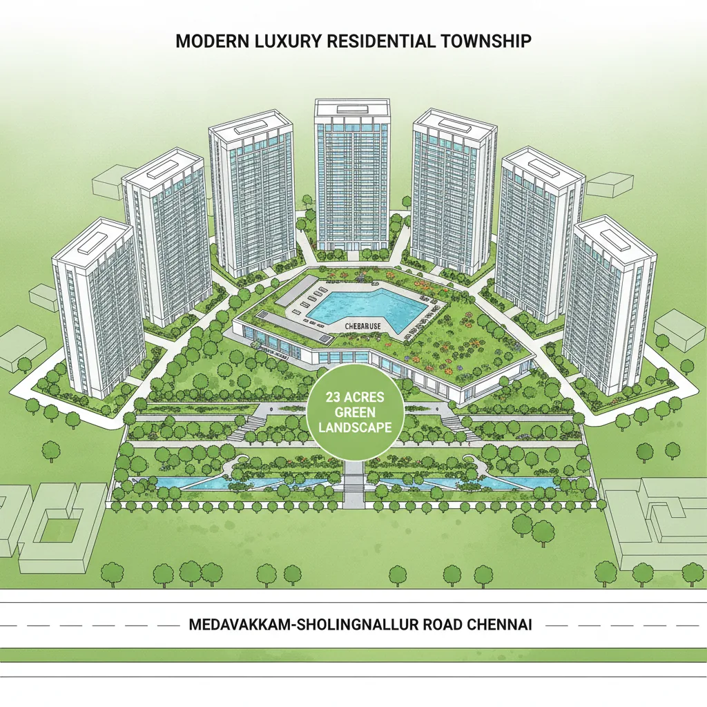 Aerial view of Prestige Falcon City Chennai luxury residential township with 23 acres green landscape, multiple high-rise towers, grand clubhouse with rooftop pool, and wildflower green roof