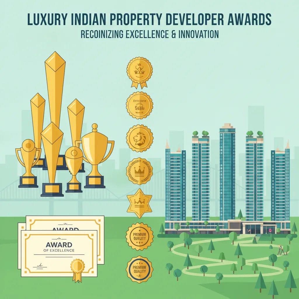 Prestige Group Awards infographic showing prestigious trophies and certificates for luxury Indian property developer