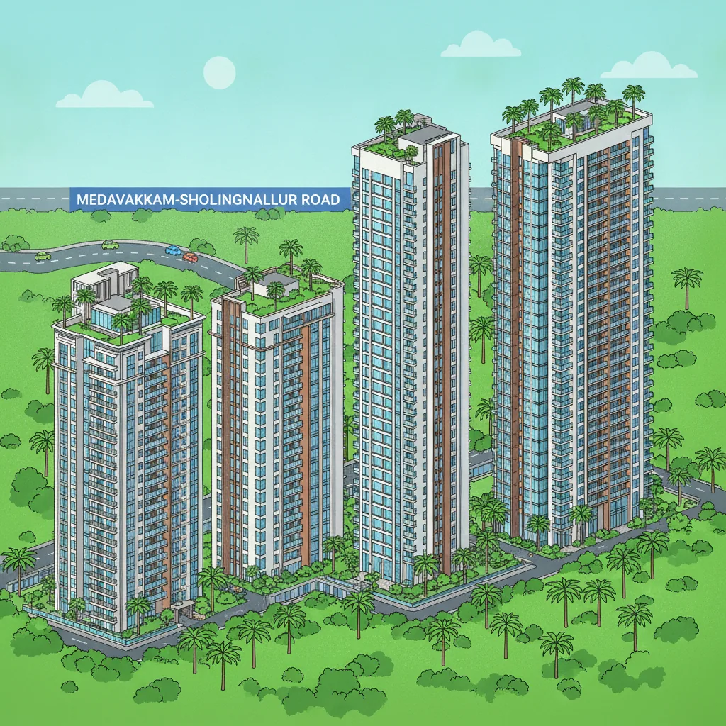 Modern luxury residential apartment township in South Chennai with high-rise towers, green rooftop gardens and contemporary architecture